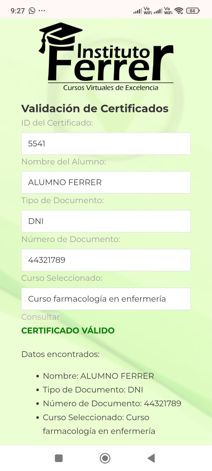 Validación QR de certificado emitido por centro asociado