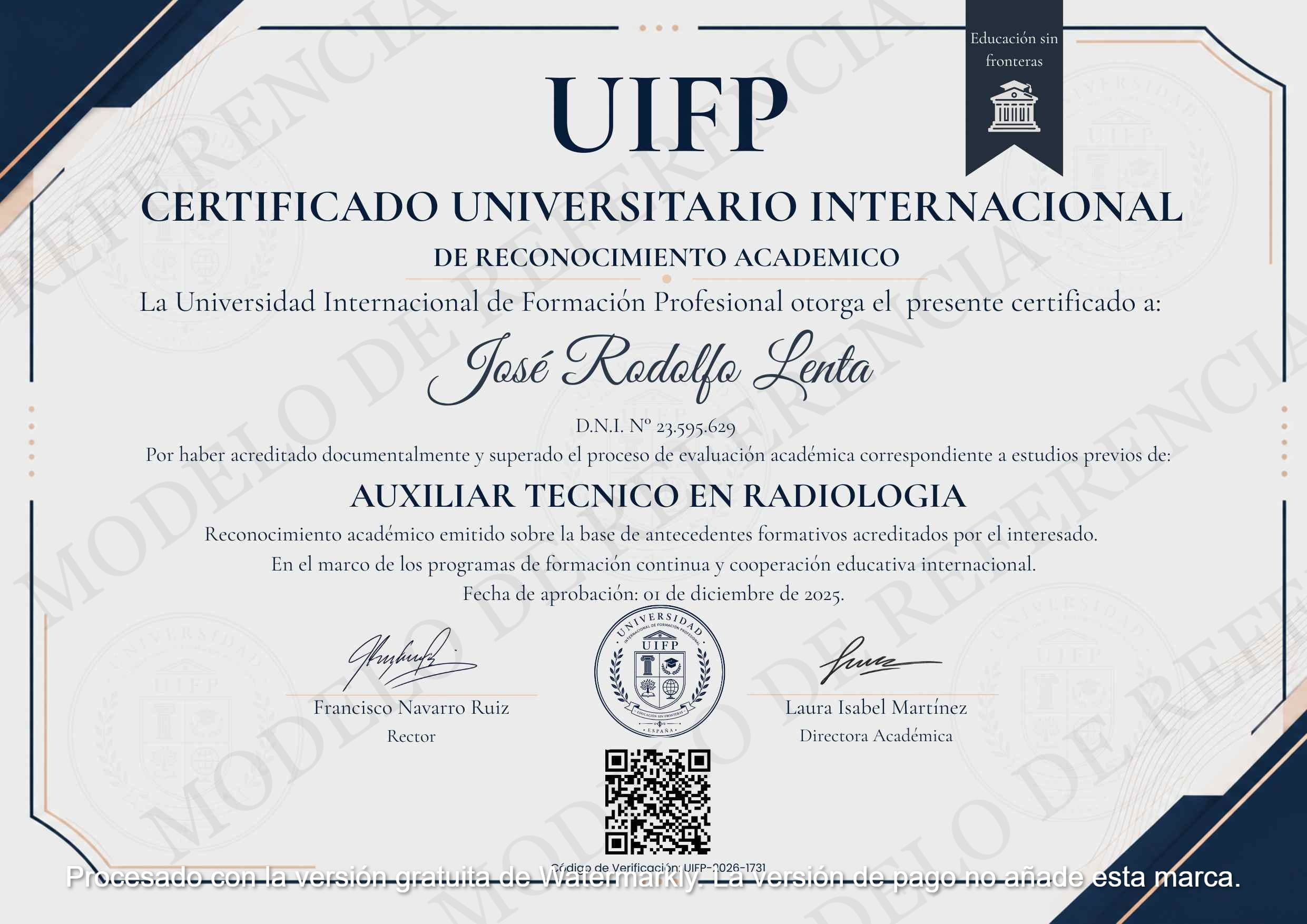 Modelo de Certificado Universitario Internacional de Reconocimiento Académico